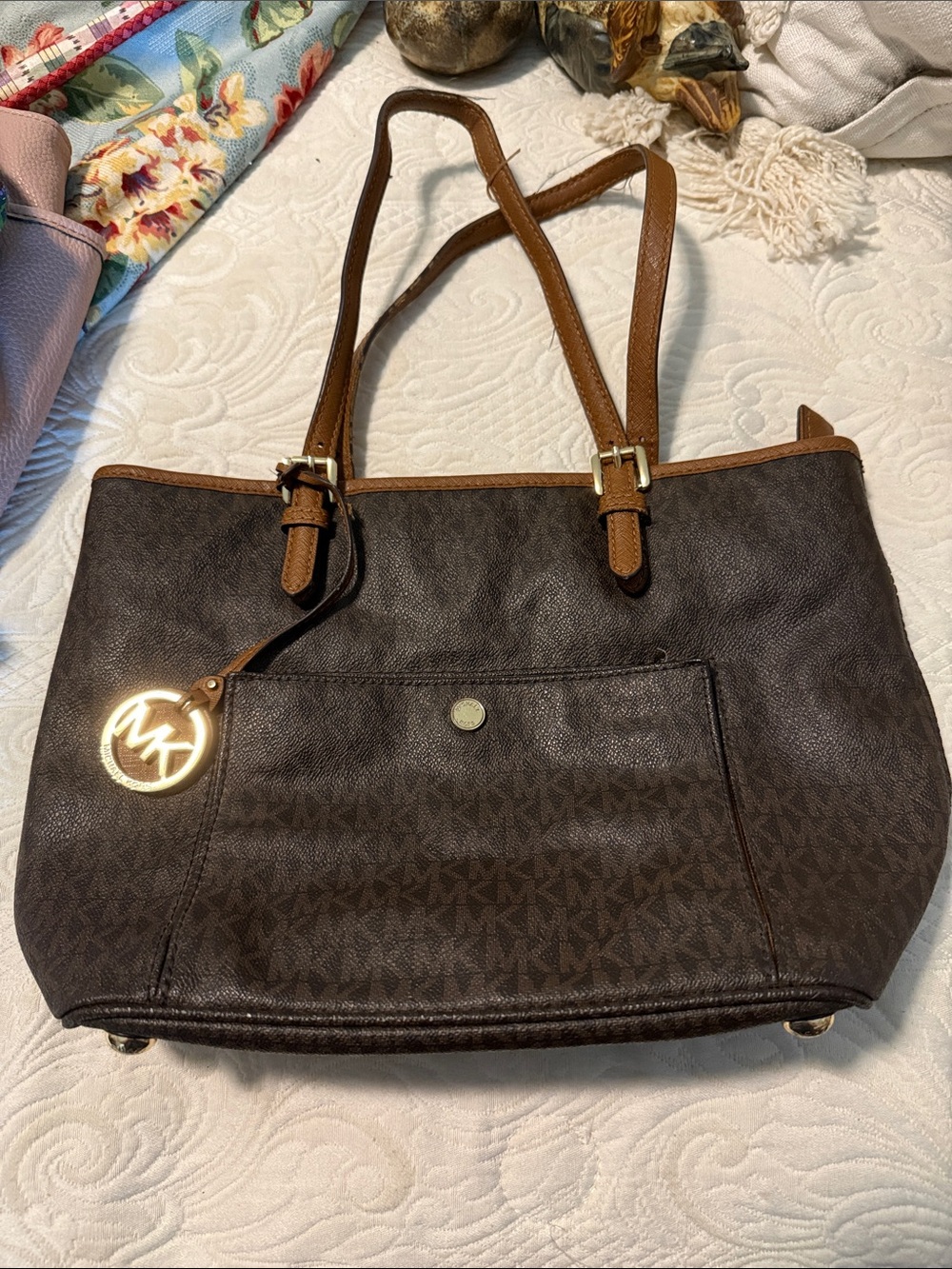 Michael Kors Brown and Tan Logo Tote with Gold Accent